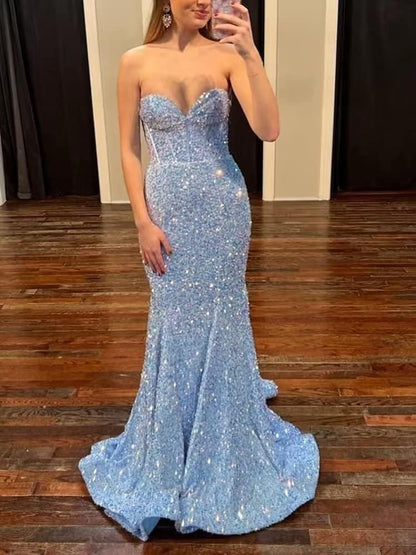 Sparkle Mermaid Baby Blue Sequined Long Prom Dress