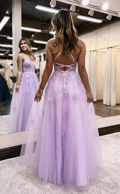 Lilac Appliques V-Neck Tulle Long Prom Dress