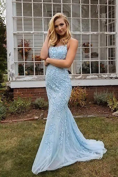 Baby Blue Lace Bodycon Lace Up Back Prom Dress