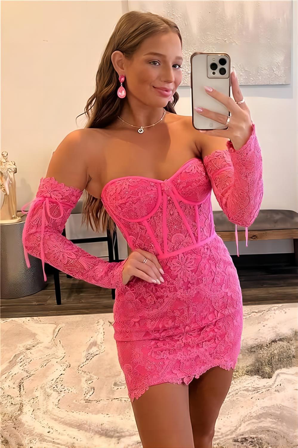 Pink Lace Bodycon Homecoming Dresses With Detachable Sleeves