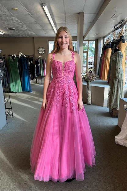 Hot Pink Lace Embroidery A-line Long Formal Dress