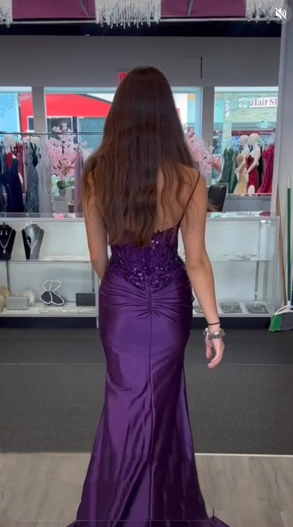 Purple V-Neck Appliques Lace Party Dress With Side Slit,LTP4518