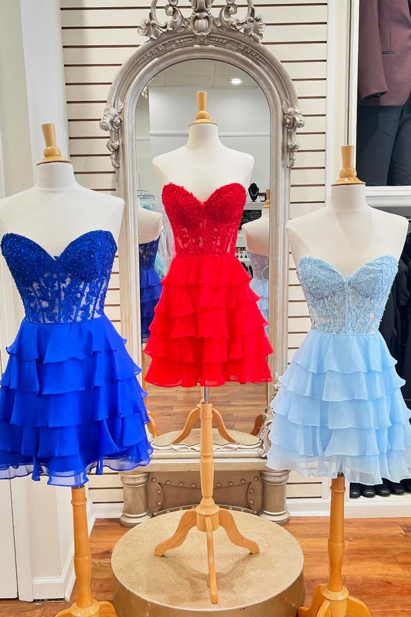 A-Line Strapless Tiered Corset Short Homecoming Dress with Appliques