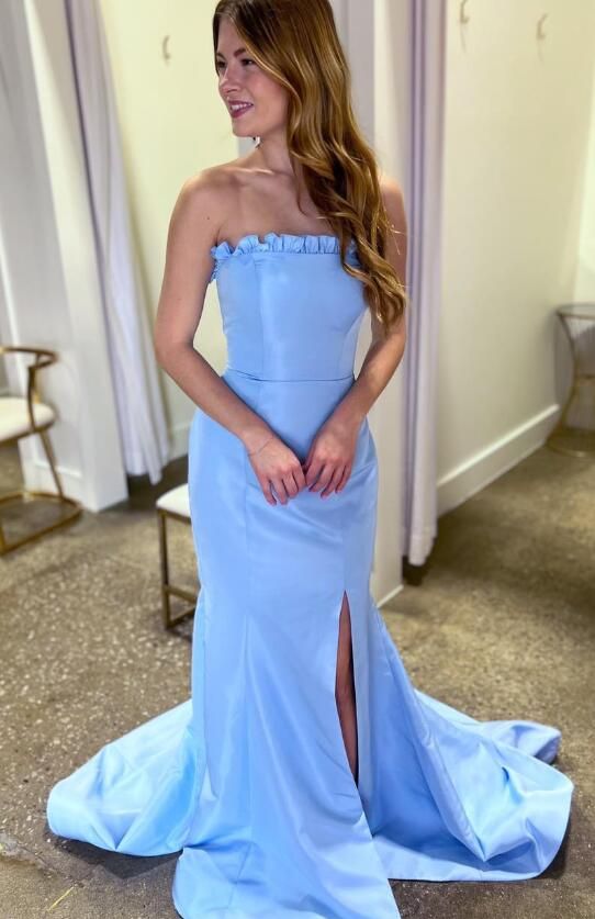 Sky Blue Mermaid Satin Long Evening Prom Dresses