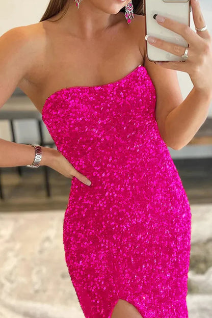 Hot Pink Sequins Mermaid Long Prom Dress