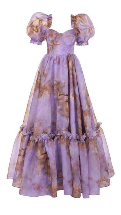 Purple Floral A-Line Evening Prom Dresses With Bubble Sleeves