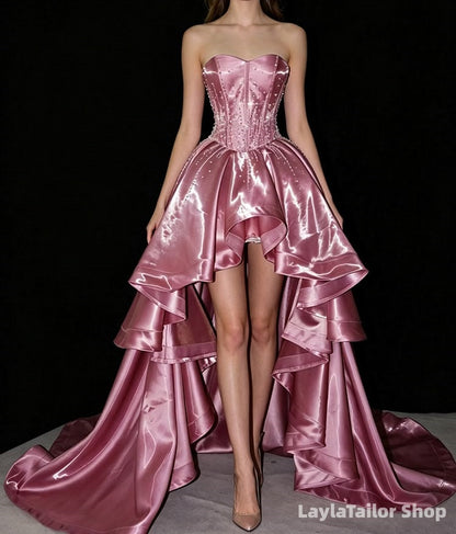 Elegant Pink Beaded Party Dress Sweetheart Hi-Lo Evening Homecoming Dresses