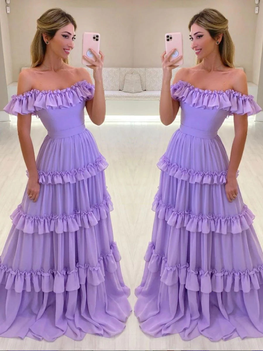 Off The Shoulder Chiffon Lilac Evening Prom Dress