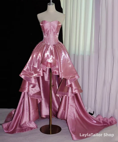 Elegant Pink Beaded Party Dress Sweetheart Hi-Lo Evening Homecoming Dresses
