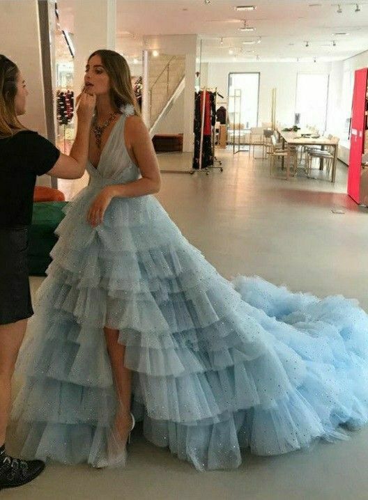 Sparkle Baby Blue Tulle Split Birthday Prom Dress