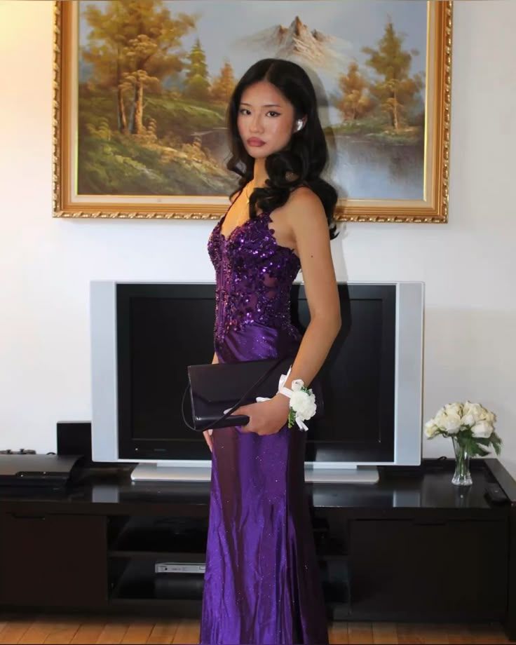 Purple V-Neck Appliques Lace Party Dress With Side Slit,LTP4518