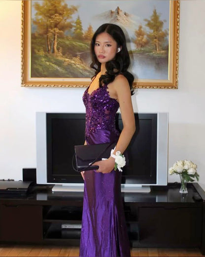 Purple V-Neck Appliques Lace Party Dress With Side Slit,LTP4518