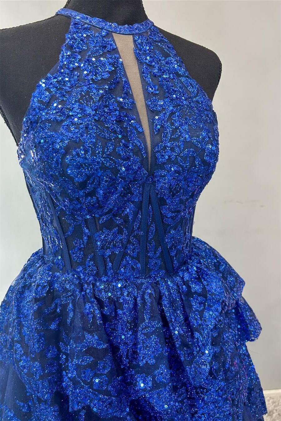 Halter Royal Blue Sequin Tulle Ruffles Gown