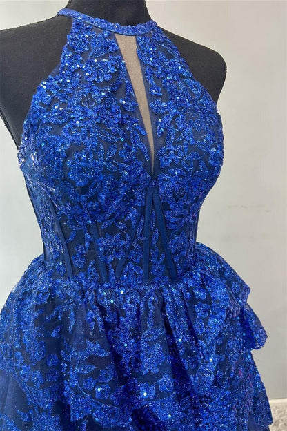 Halter Royal Blue Sequin Tulle Ruffles Gown