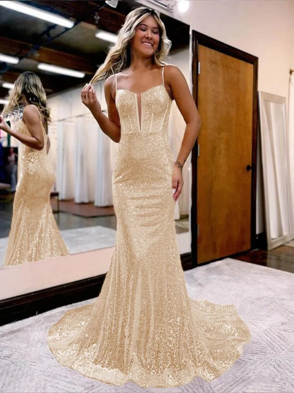 Spaghetti Straps Mermaid Sequins Long Evening Prom Dress