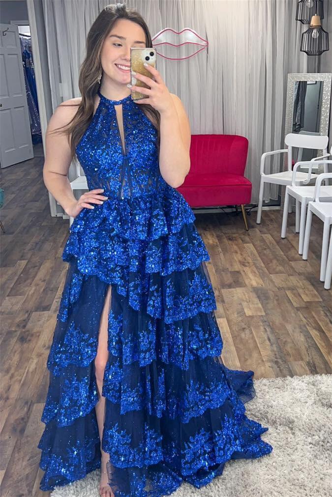 Halter Royal Blue Sequin Tulle Ruffles Gown