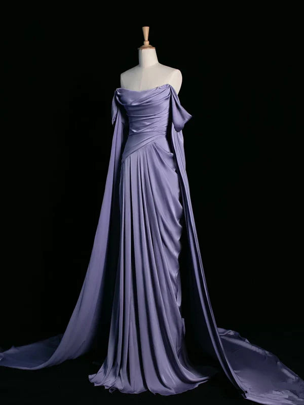 Elegant Purple Satin Prom Dress, Draped Bodice Formal Party Dress