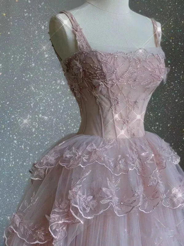 Pink tulle lace long prom dress, pink evening dress