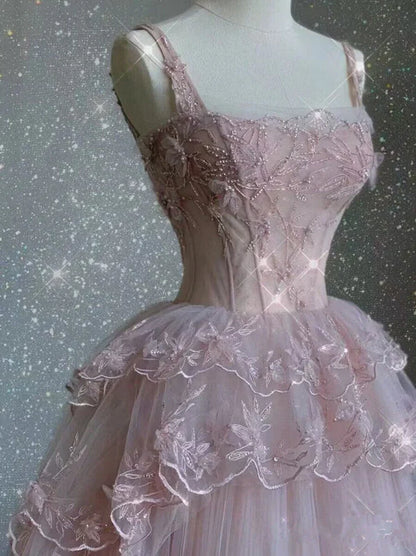 Pink tulle lace long prom dress, pink evening dress