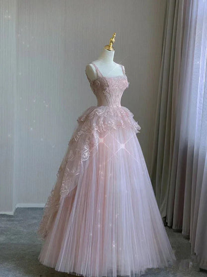 Pink tulle lace long prom dress, pink evening dress