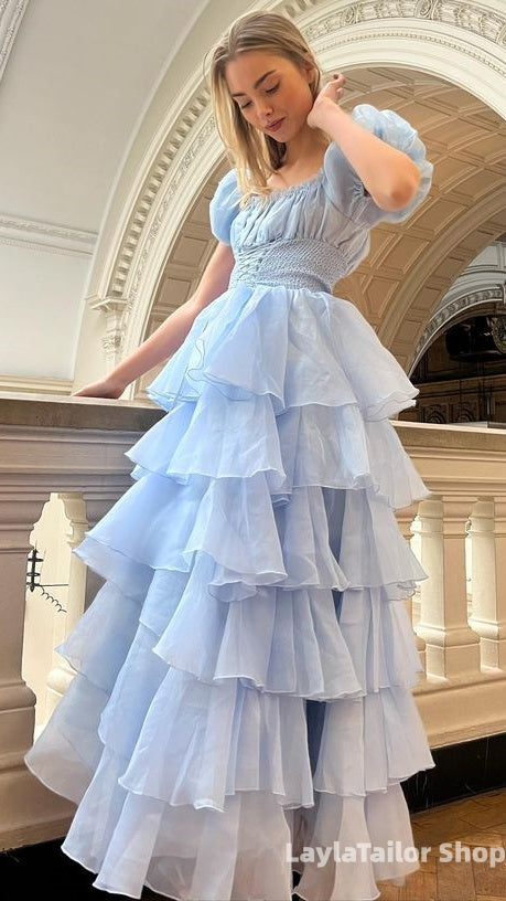 Sky Blue Ruffle Prom Dresses Vintage Formal Party Dress,LTP3694