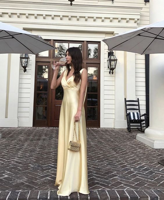 Simple A Line V neckline Yellow Long Prom Dresses