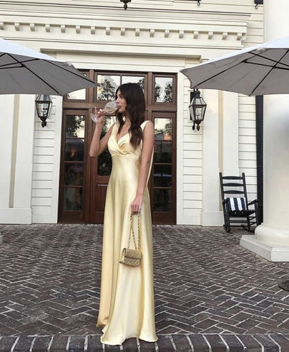 Simple A Line V neckline Yellow Long Prom Dresses