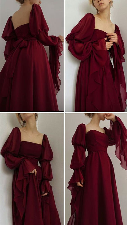 Beautiful Vintage Romantic A-line Burgundy Prom Dress Evening Dress