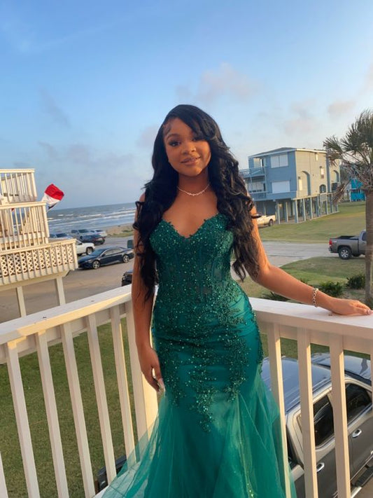 Dark Green Mermaid Tulle Lace Prom Dress Winter Formal Gown