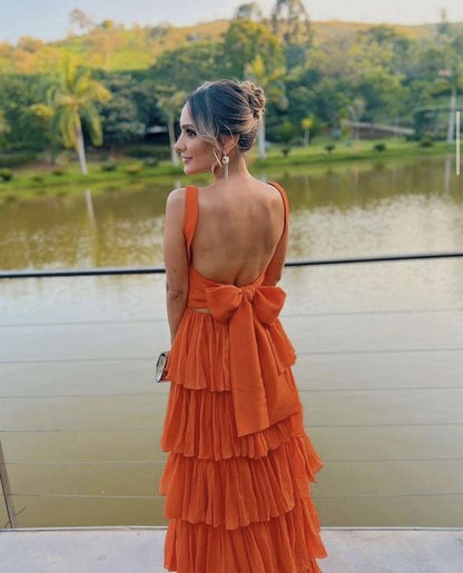 A-line Orange Modest Formal Long Women Evening Prom Dresses