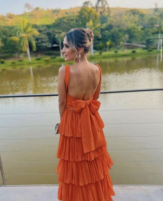 A-line Orange Modest Formal Long Women Evening Prom Dresses