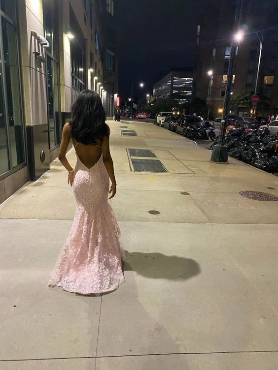 Sexy Mermaid Spaghetti Straps Sleeveless Lace Pink Prom Dress Birthday Outfit