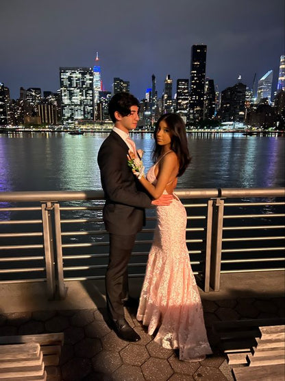 Sexy Mermaid Spaghetti Straps Sleeveless Lace Pink Prom Dress Birthday Outfit