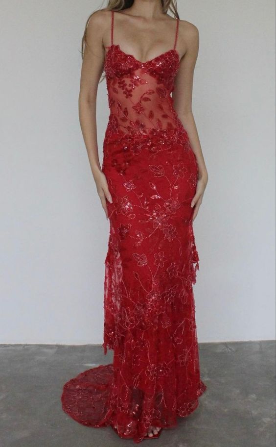 Spaghetti Straps Birthday Party Dresses Red Lace Prom Dresses
