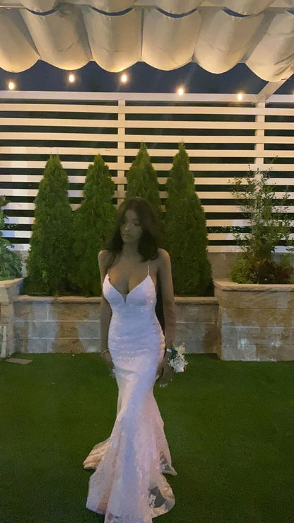 Sexy Mermaid Spaghetti Straps Sleeveless Lace Pink Prom Dress Birthday Outfit