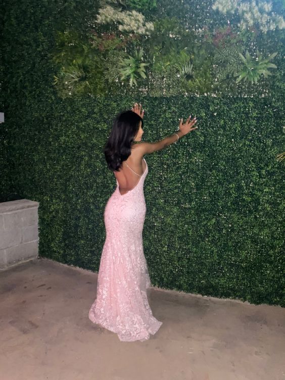 Sexy Mermaid Spaghetti Straps Sleeveless Lace Pink Prom Dress Birthday Outfit
