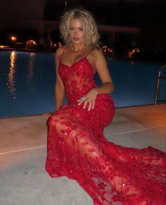 Spaghetti Straps Birthday Party Dresses Red Lace Prom Dresses
