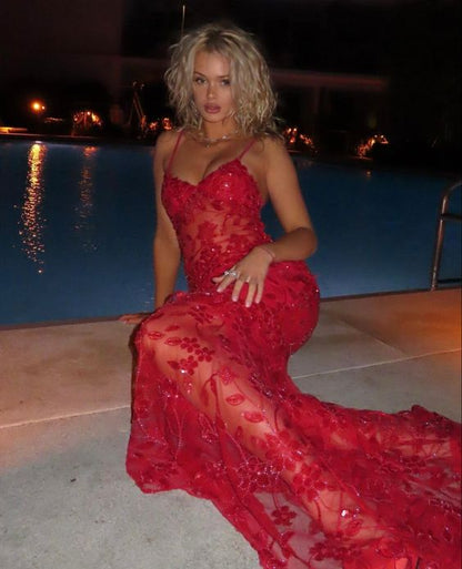 Spaghetti Straps Birthday Party Dresses Red Lace Prom Dresses