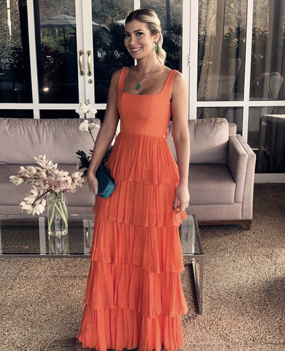 A-line Orange Modest Formal Long Women Evening Prom Dresses