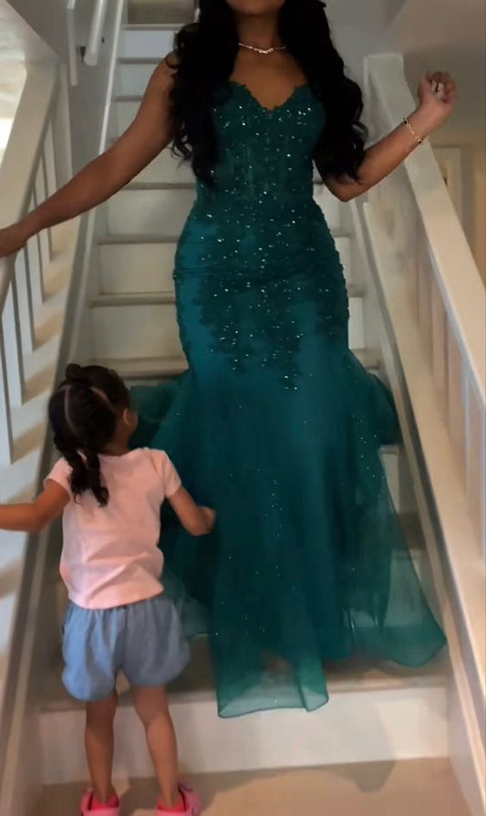 Dark Green Mermaid Tulle Lace Prom Dress Winter Formal Gown