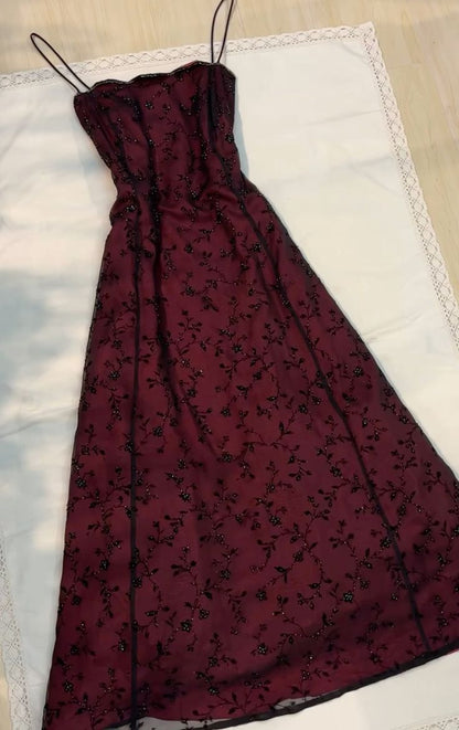 Vintage Burgundy A Line Spaghetti Straps Long Prom Dress Evening Dress