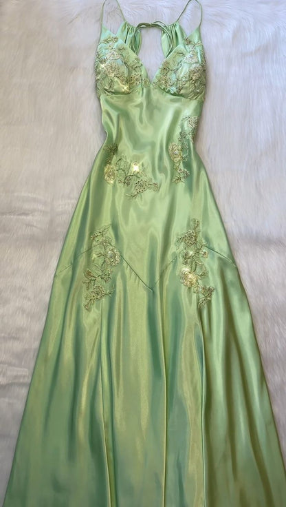 Green V neck Long Prom Dress