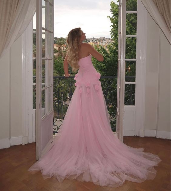 Charming Pink Strapless High Slit Flower Prom Dress