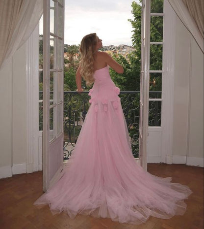 Charming Pink Strapless High Slit Flower Prom Dress