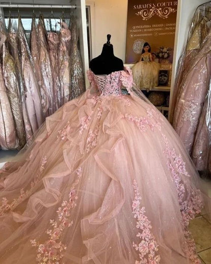 Pink Ball Gown Quinceanera Dresses with Cape 15 Party 3D Flower Princess Dresses with Lace