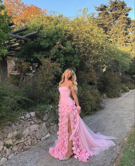 Charming Pink Strapless High Slit Flower Prom Dress