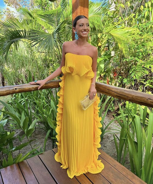 Yellow Pleated Prom Dresses Long Evening Gowns Formal Party Wear
