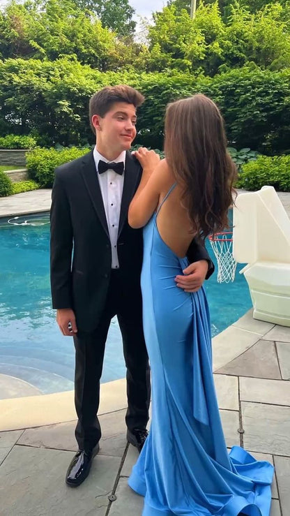 Sexy Blue Mermaid Prom Dresses,Open Back Long Evening Party Dress