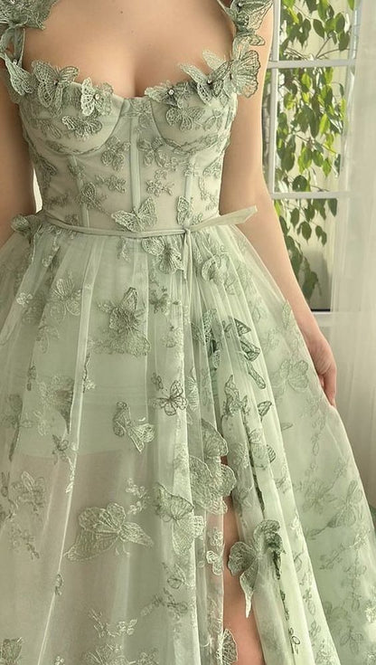 Green Tulle Butterfly Long Prom Dress