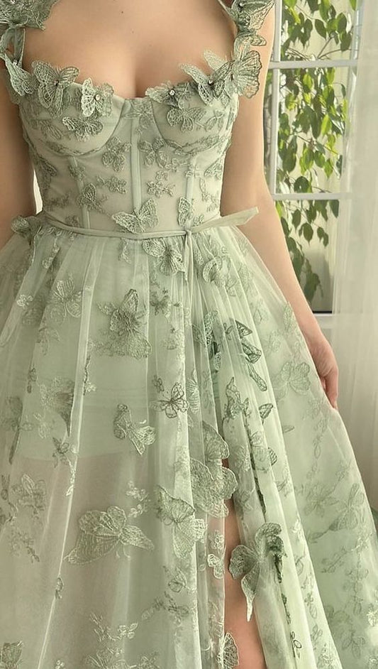 Green Tulle Butterfly Long Prom Dress